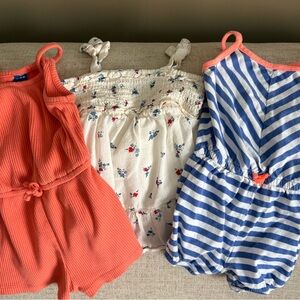 Carter's Coral and Old Navy Blue Striped Rompers. Cream Dress w/Floral Print